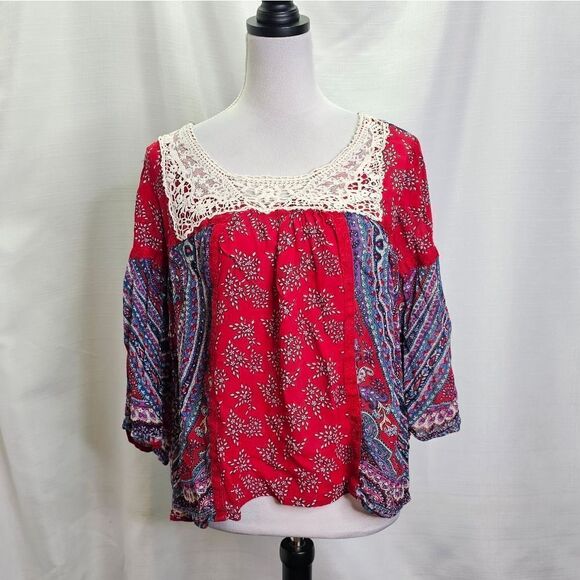 Bila Tops - Bila Red Paisley Crochet Boho Peasant Top Size Large
